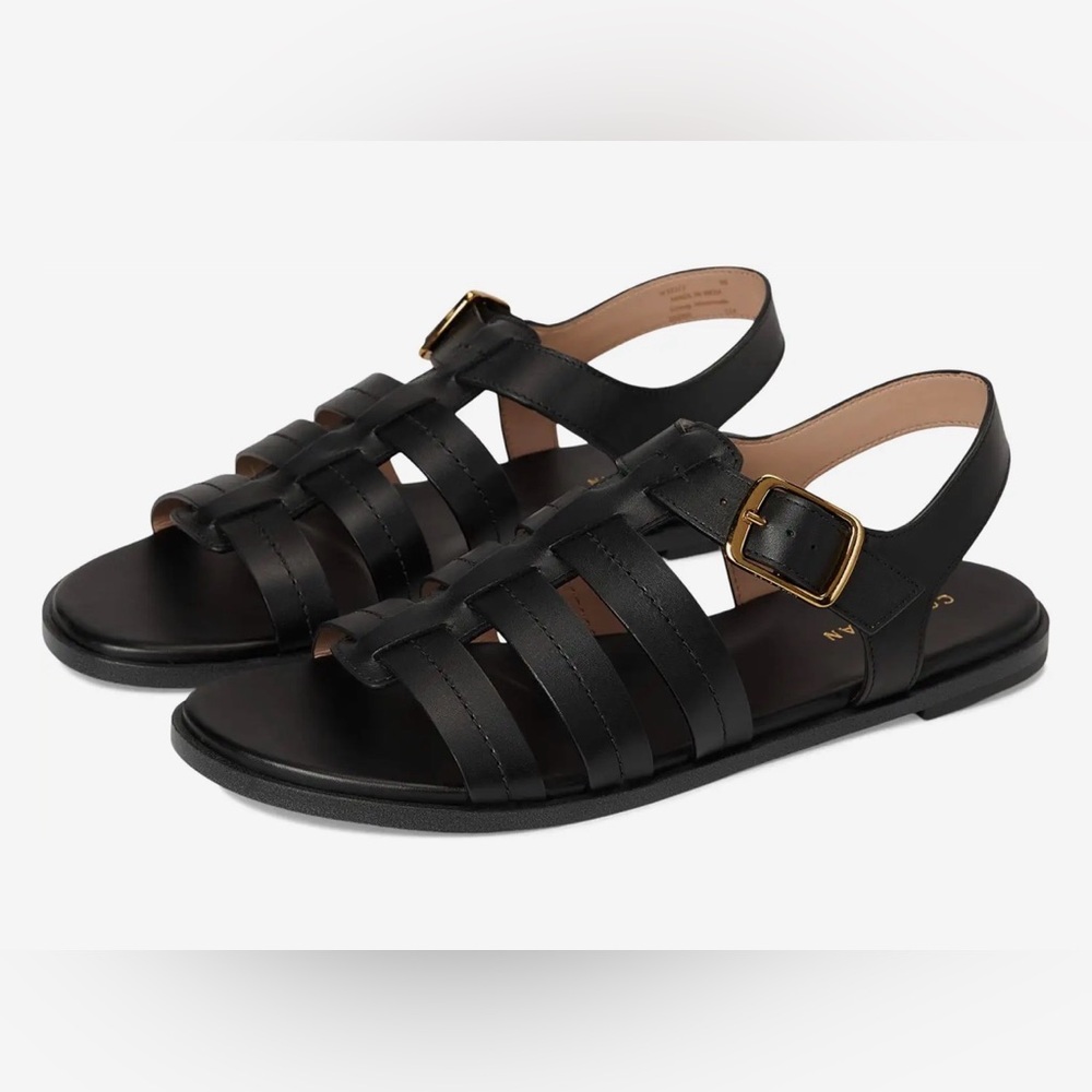 Cole Haan Black Leather Strappy Sandal with Gold Buckle Accent - Picture 2 of 11